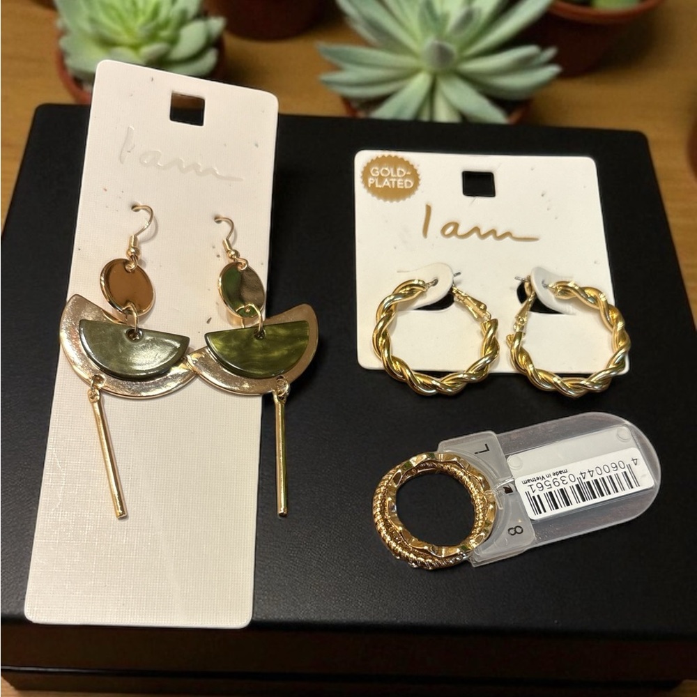 I AM Gold and Green Ring & Earrings Bundle NWT